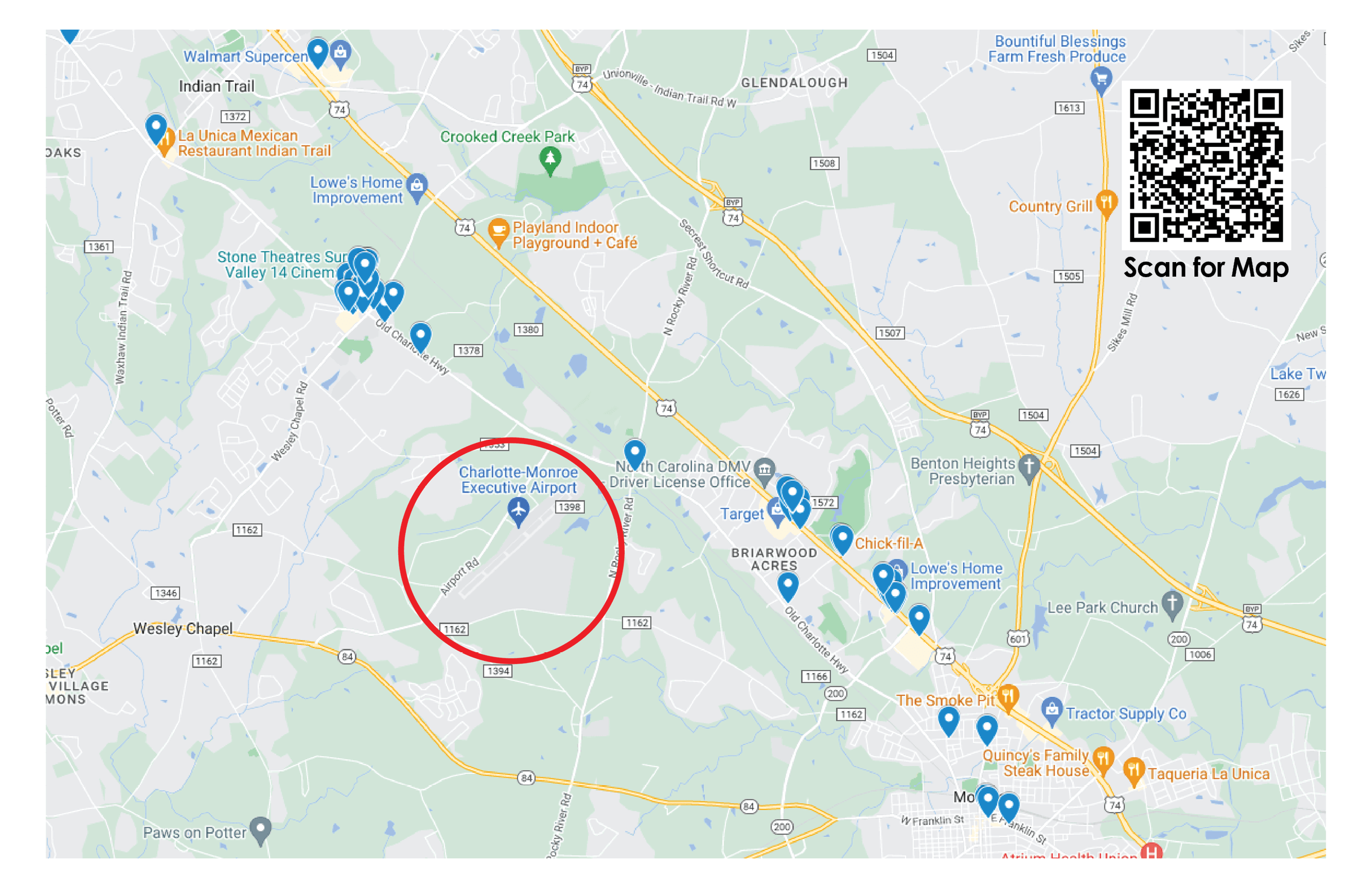 Charlotte-Monroe Executive Airport - Hotel and Restaurant Guide with Map - Map Page