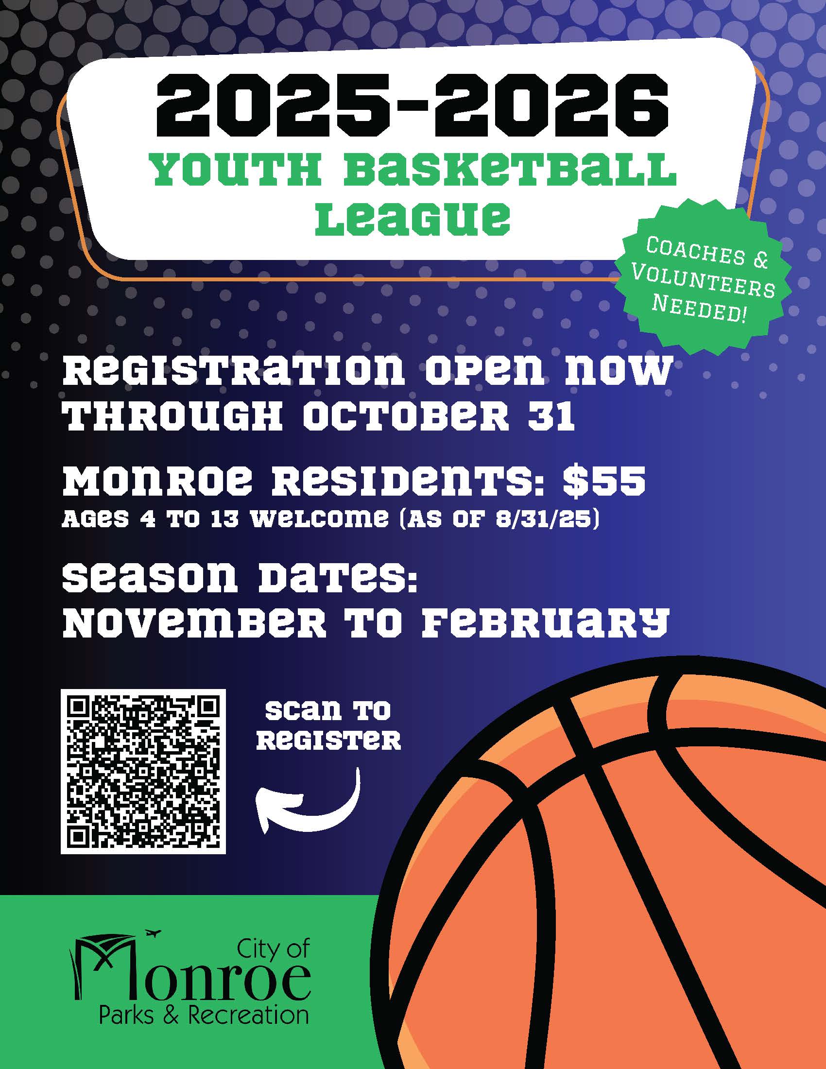 The Youth Basketball League welcomes residents ages 4-13. The season is from November to February.
