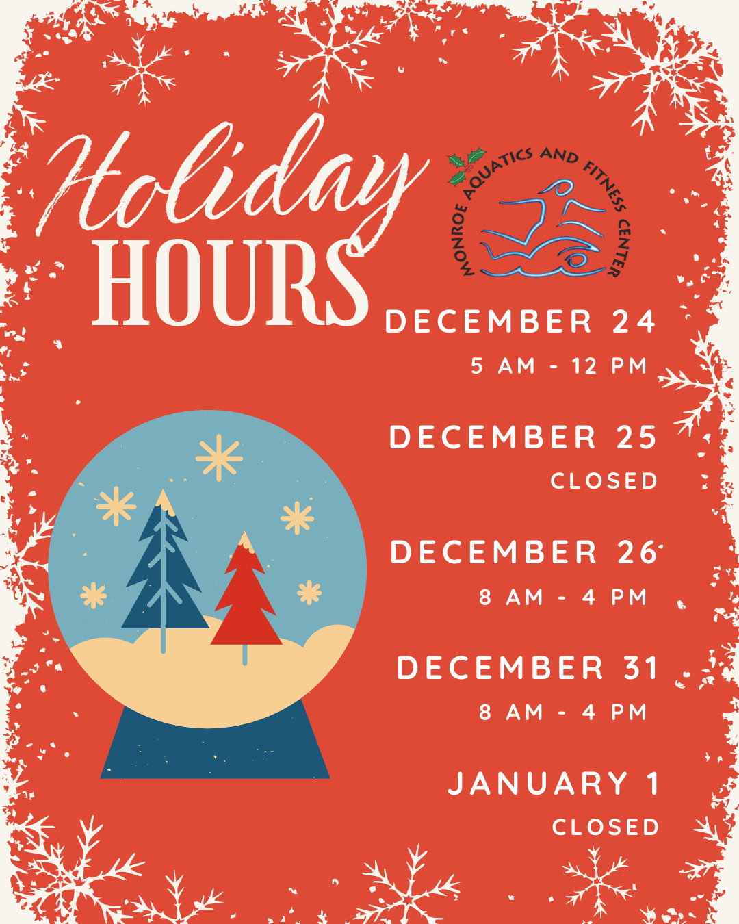 MAFC will be closed on Dec 25 & Jan 1. We will be open 5am-12pm on Dec 24 and 8am-4pm on Dec 26 & 31