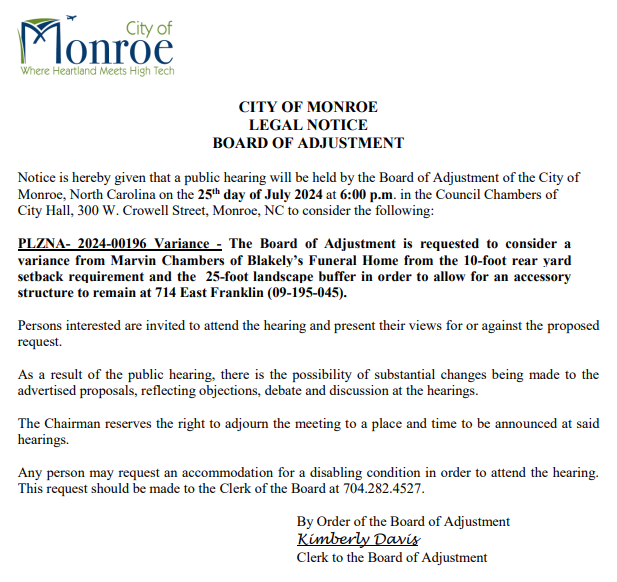 Board of Adjustment Notice Call for Public Hearings on 7.25.24
