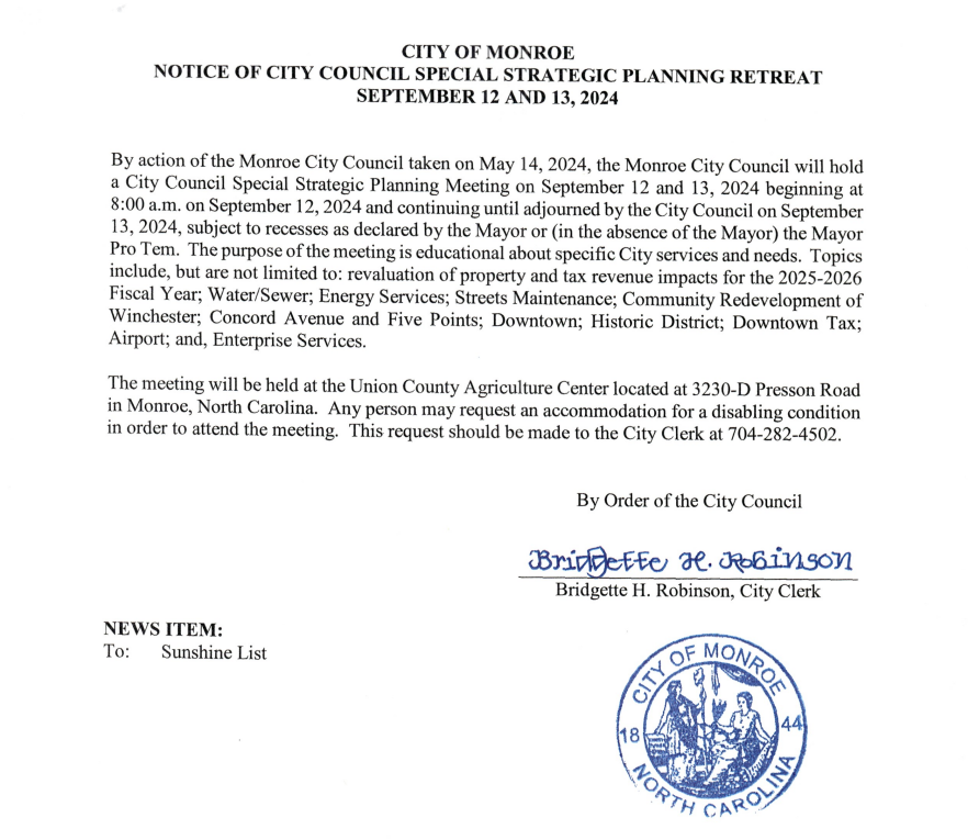 Notice of City Council Special Strategic Planning Retreat September 12 and 13 2024
