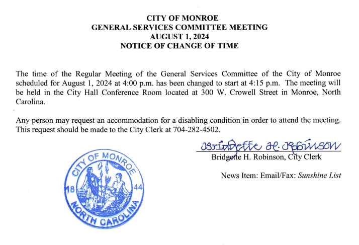 General Services Committee Change of Time from 4 to 4:15 Notice August 1 2024