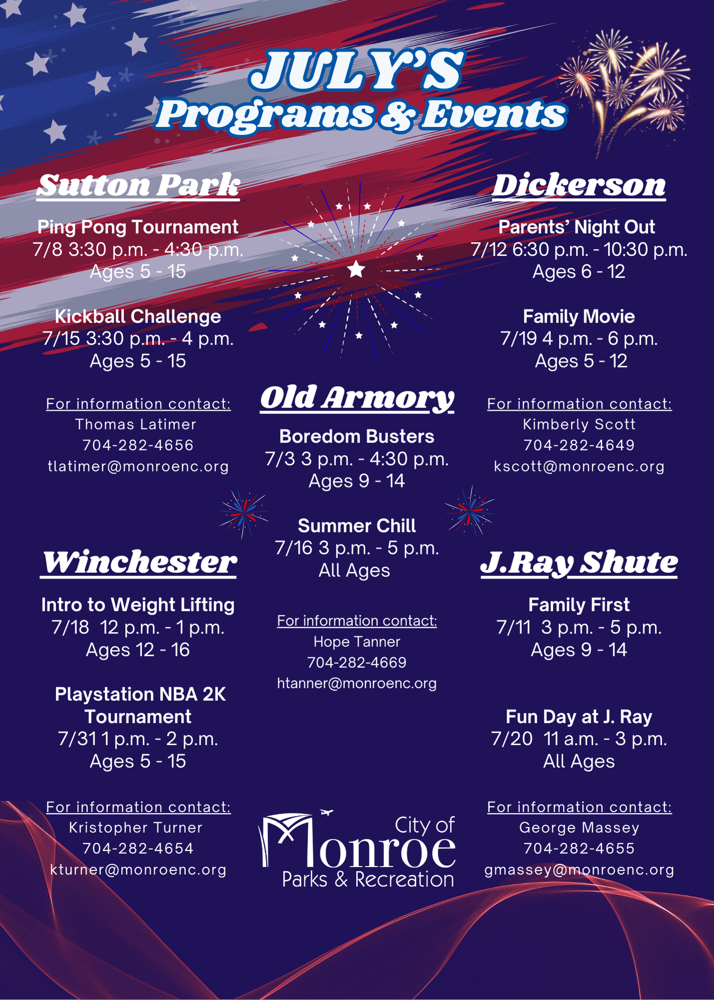 A list of events in July at Monroe community centers.