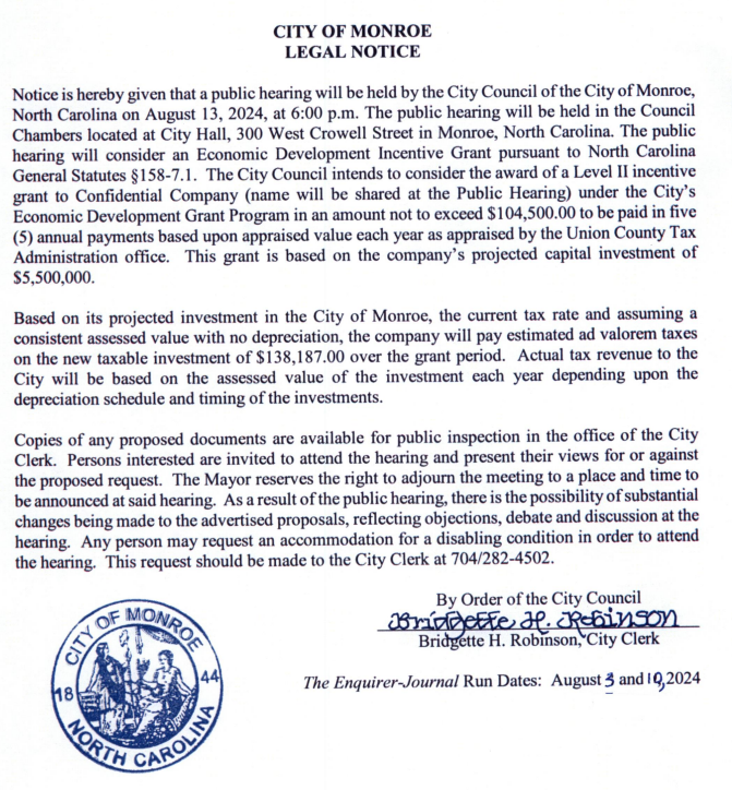 Legal Notice for Grant Public Hearings on August 13 2024