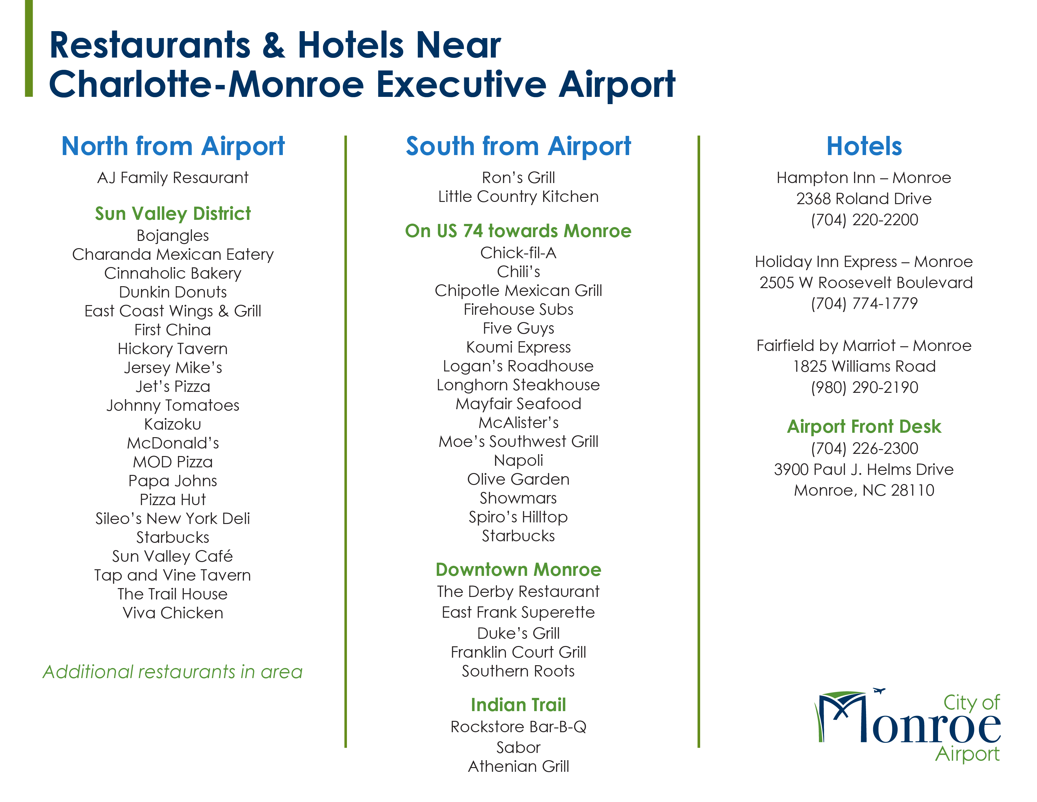 Restaurants & Hotels Near Charlotte-Monroe Executive Airport
